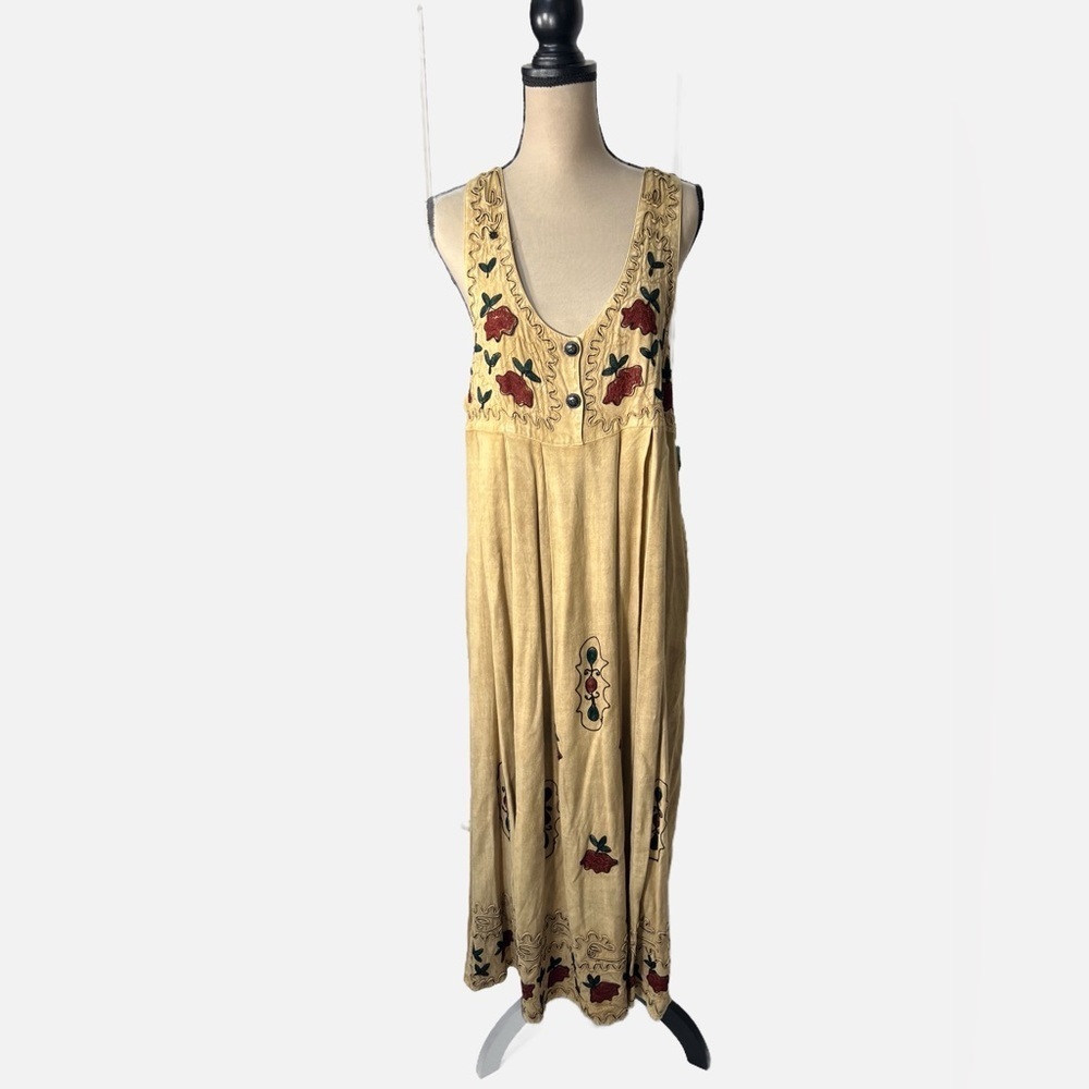 Vintage Boho Embroidered Applique Beige Floral Jumper Maxi Dress Womens size XL - Picture 3 of 8